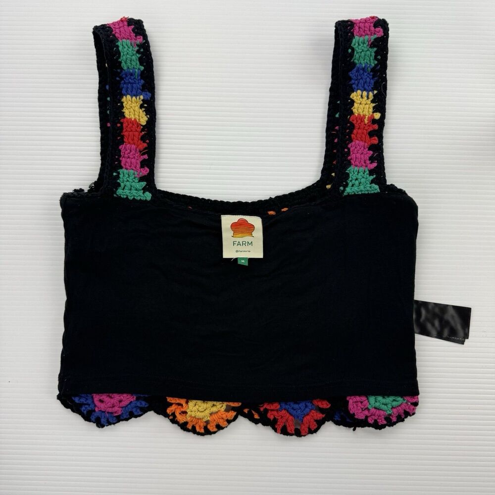 FARM Rio Womens M Crochet Flowers Crop Top Black Multicolor Granny Square Lined - Picture 11 of 13